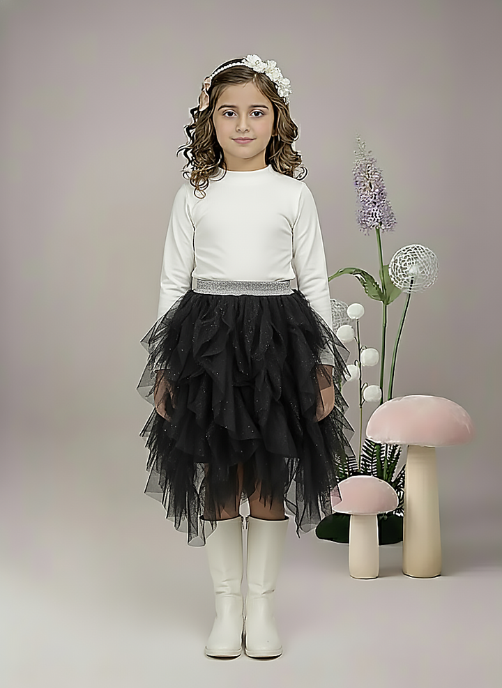 Girl's Black Layred Ruffled Tulle Skirt