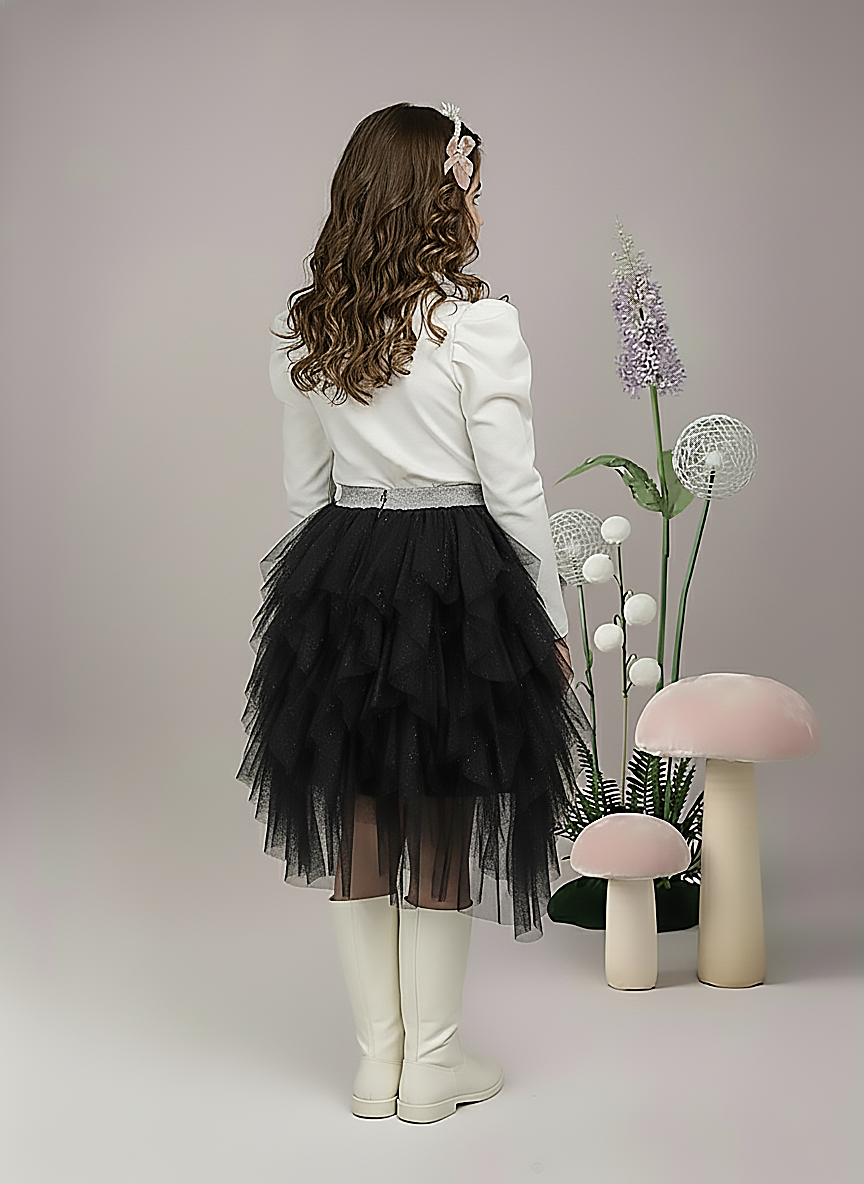 Girl's Black Layred Ruffled Tulle Skirt