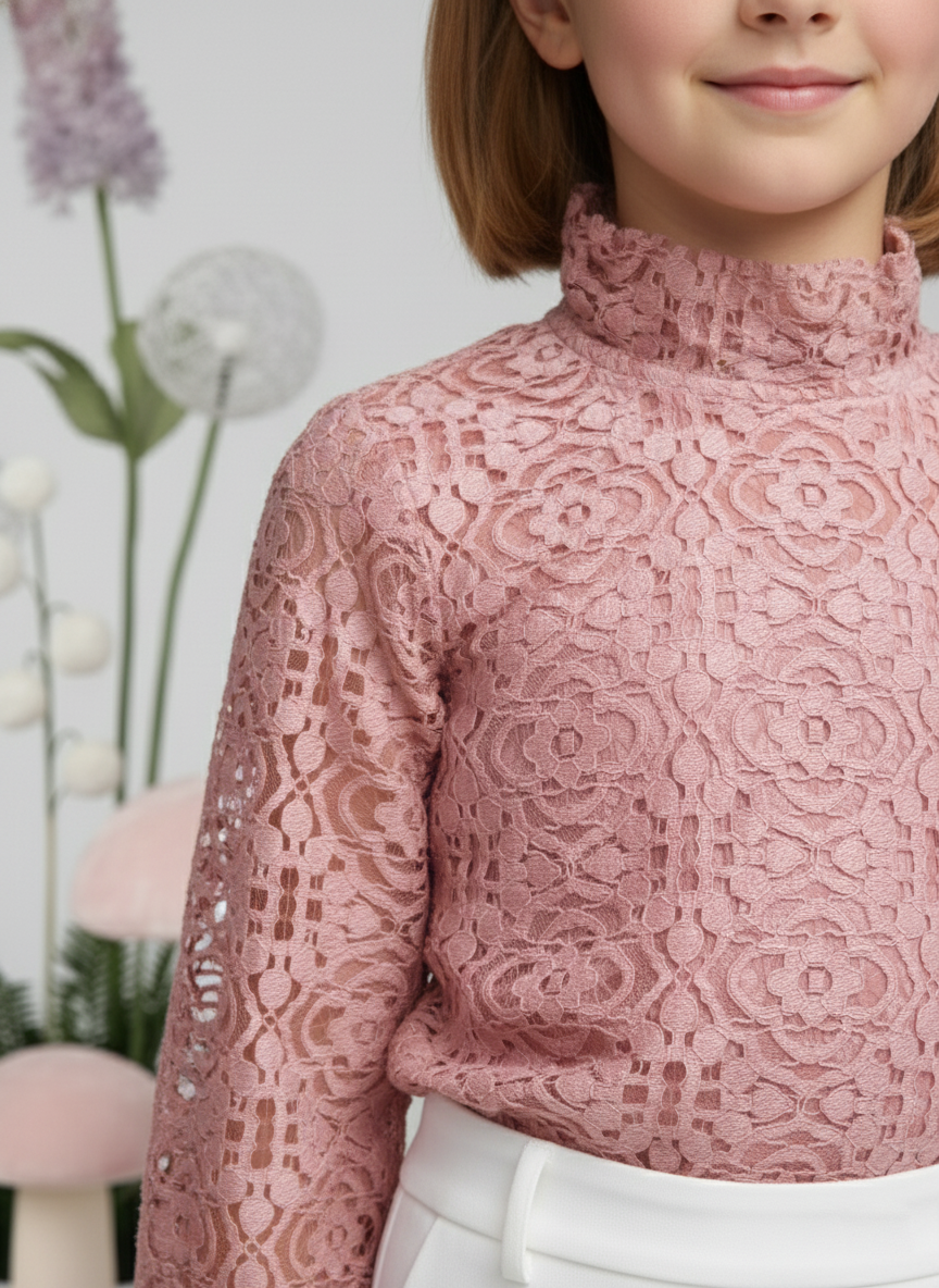 Girl's Rose Mock Neck  Lace Long Sleeve Top