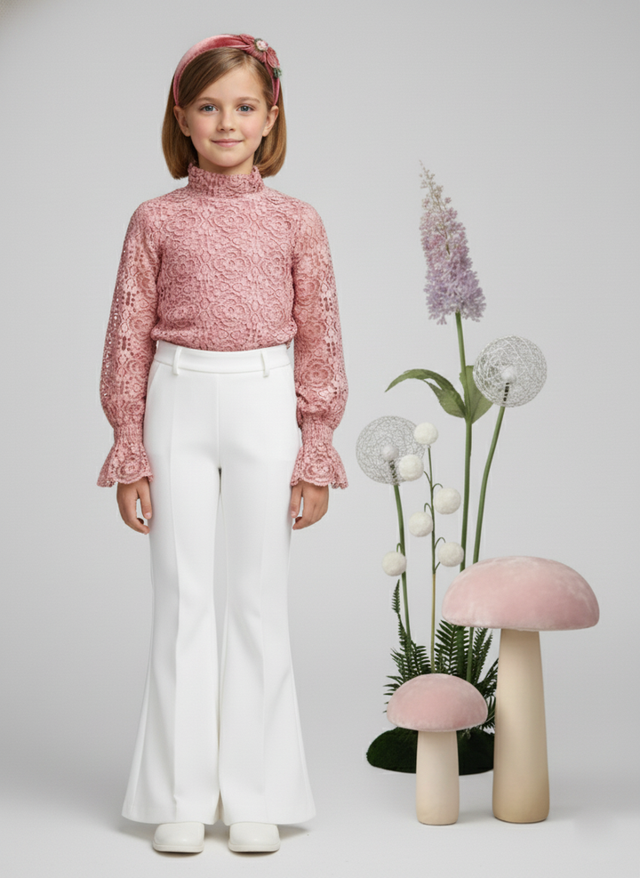 Girl's Rose Mock Neck  Lace Long Sleeve Top