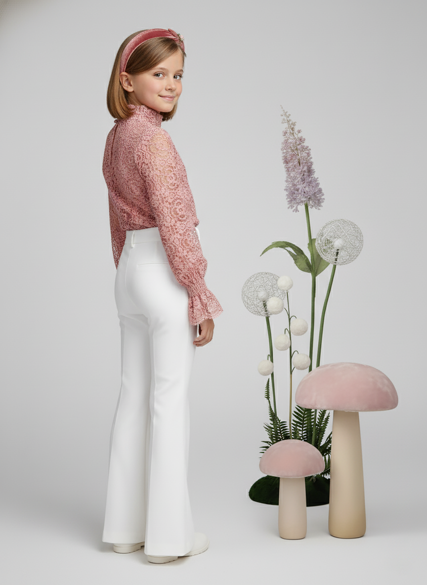 Girl's Rose Mock Neck  Lace Long Sleeve Top