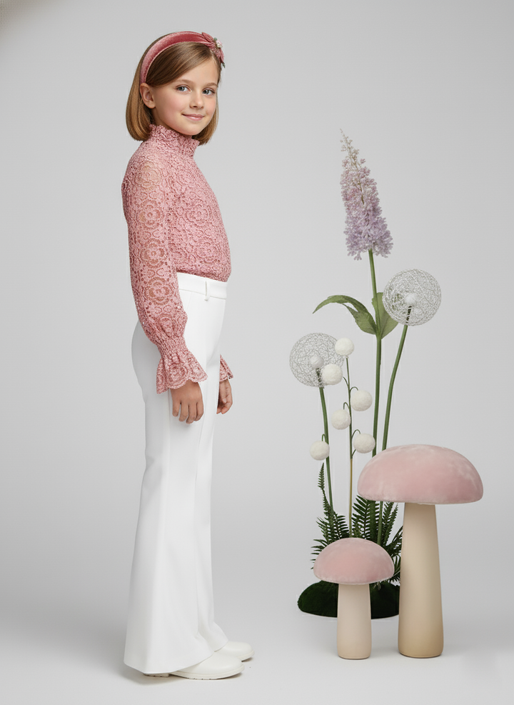 Girl's Rose Mock Neck  Lace Long Sleeve Top