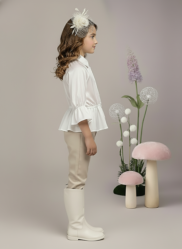 Girl's White Satin Peplum Top with Heart Buttons