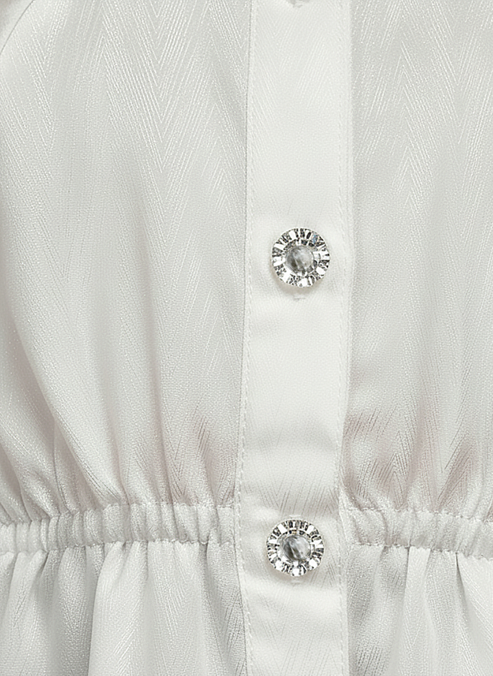 Girl's White Satin Peplum Top with Heart Buttons