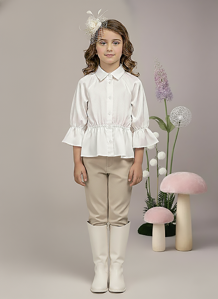 Girl's White Satin Peplum Top with Heart Buttons