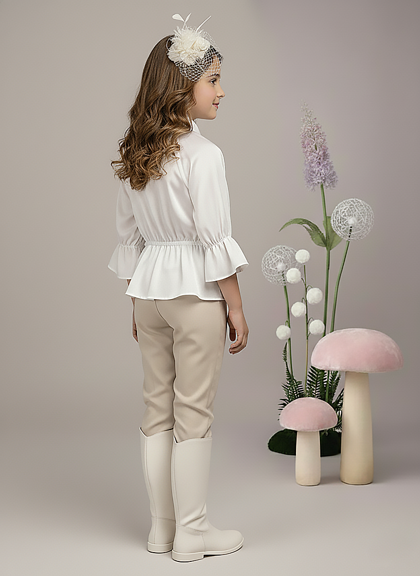 Girl's White Satin Peplum Top with Heart Buttons