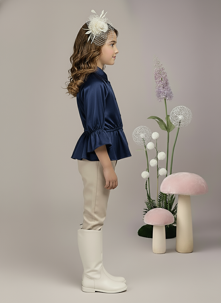 Girl's Navy Blue Satin Peplum Top with Heart Buttons
