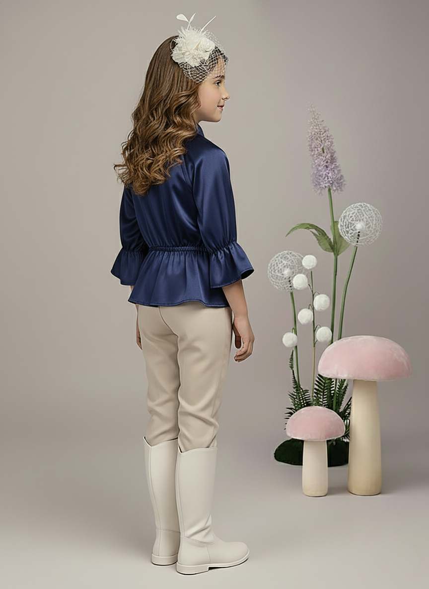 Girl's Navy Blue Satin Peplum Top with Heart Buttons