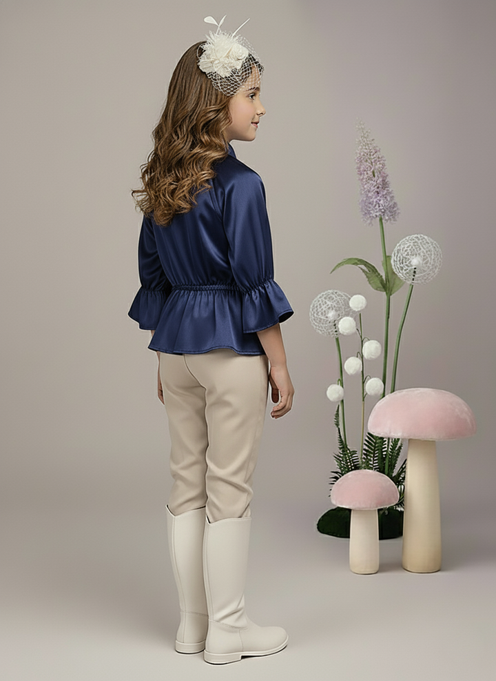 Girl's Navy Blue Satin Peplum Top with Heart Buttons