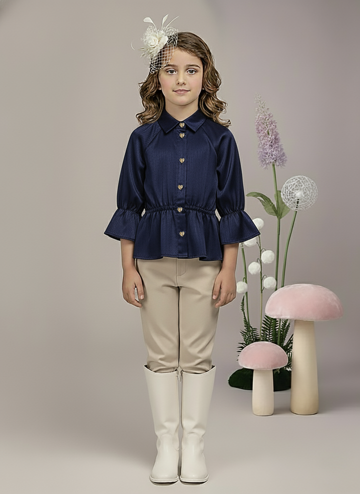 Girl's Navy Blue Satin Peplum Top with Heart Buttons