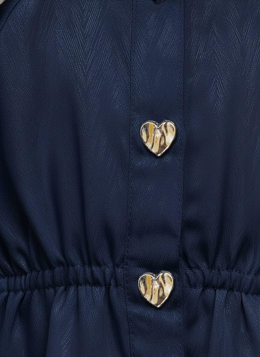Girl's Navy Blue Satin Peplum Top with Heart Buttons