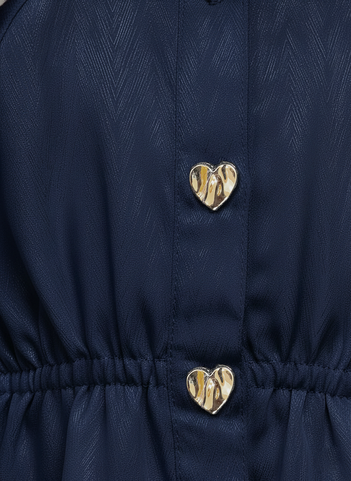 Girl's Navy Blue Satin Peplum Top with Heart Buttons