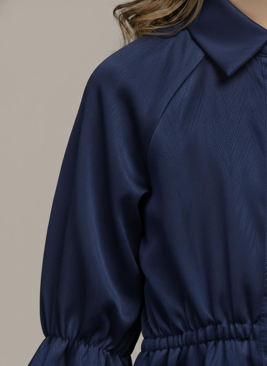 Girl's Navy Blue Satin Peplum Top with Heart Buttons