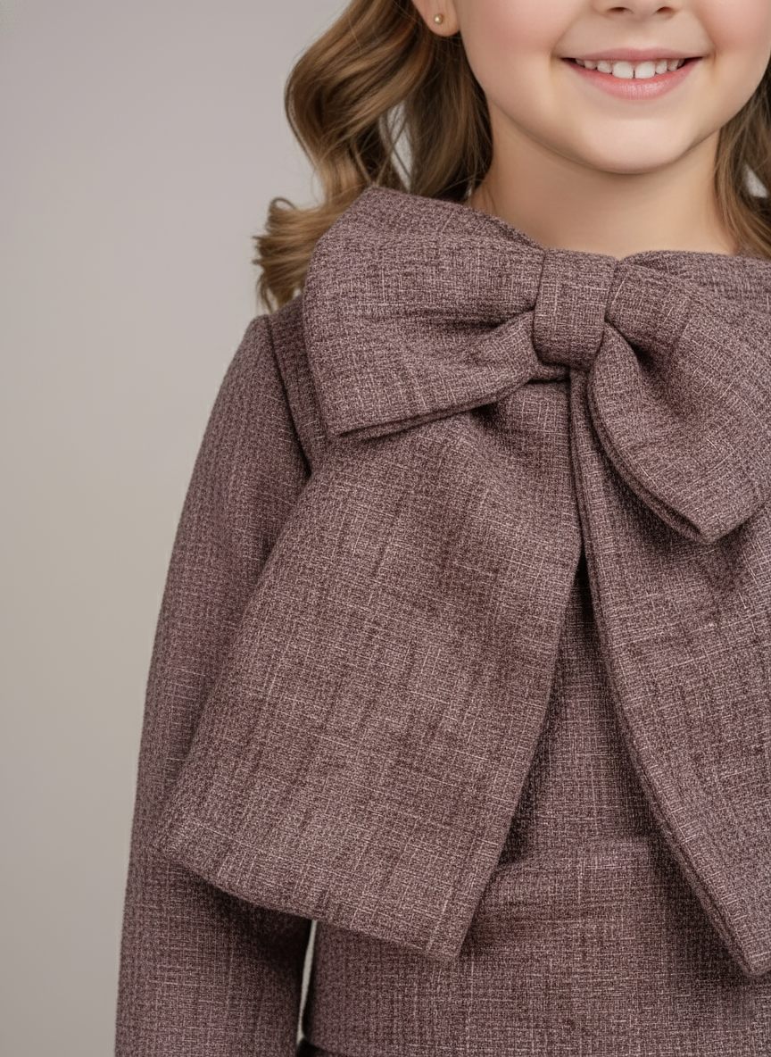 Girl's Brown Tweed Oversized Bow Top and Skirt Set