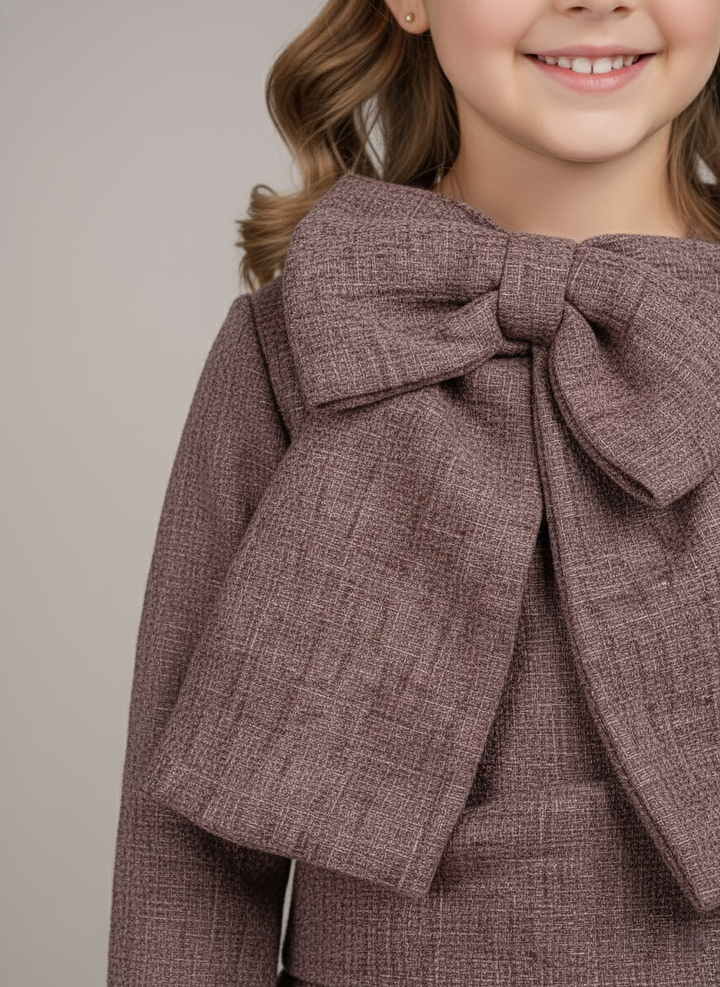 Girl's Brown Tweed Oversized Bow Top and Skirt Set