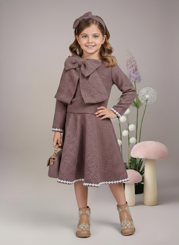Girl's Brown Tweed Oversized Bow Top and Skirt Set