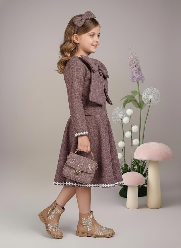 Girl's Brown Tweed Oversized Bow Top and Skirt Set