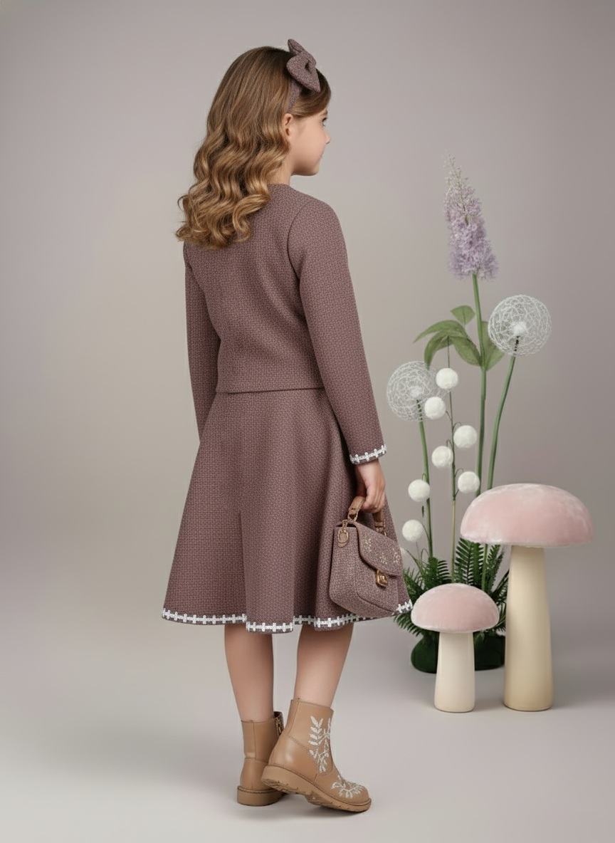 Girl's Brown Tweed Oversized Bow Top and Skirt Set