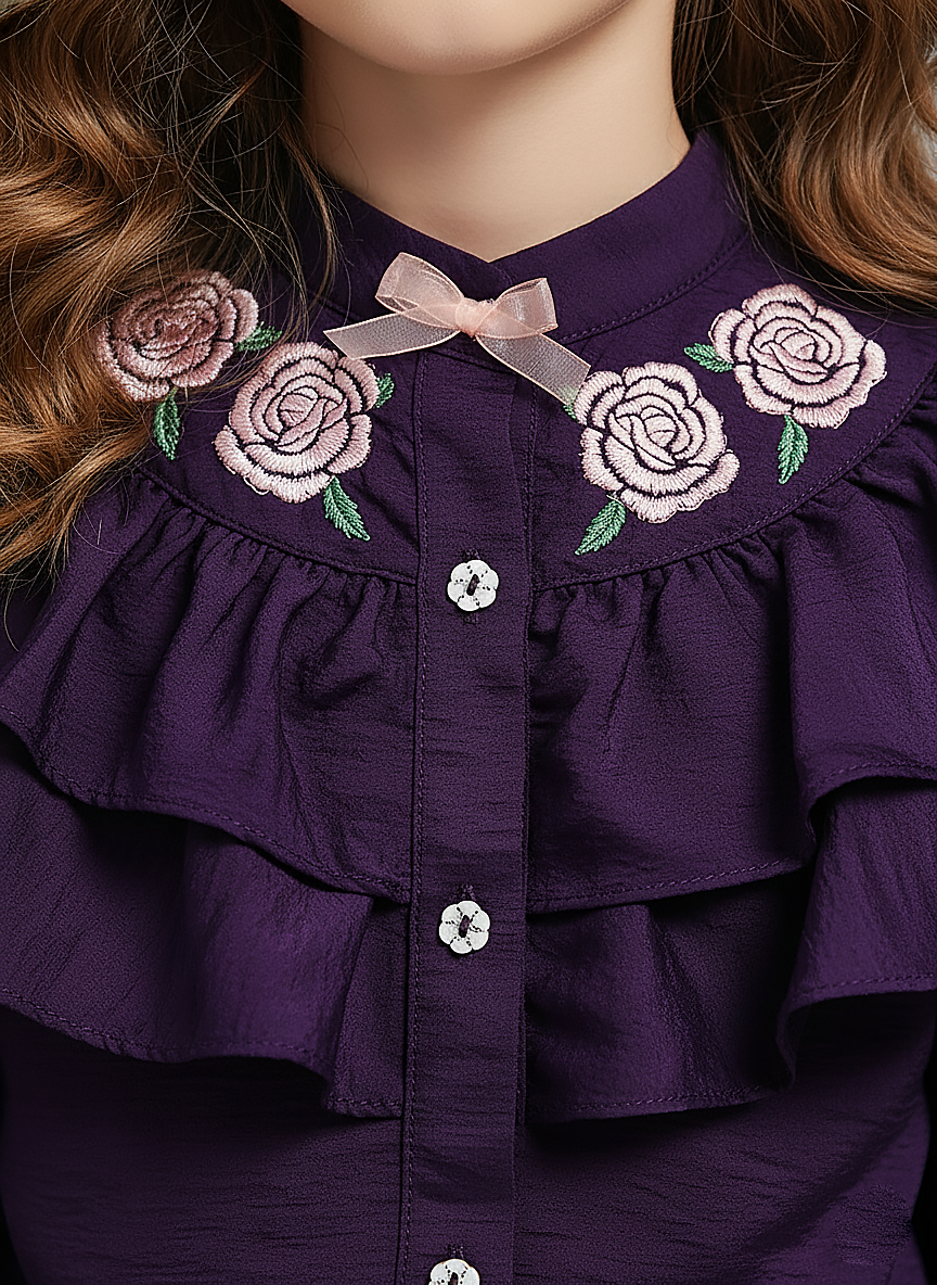 Girl's Purple Ruffle Collar Embroidered Floral Top