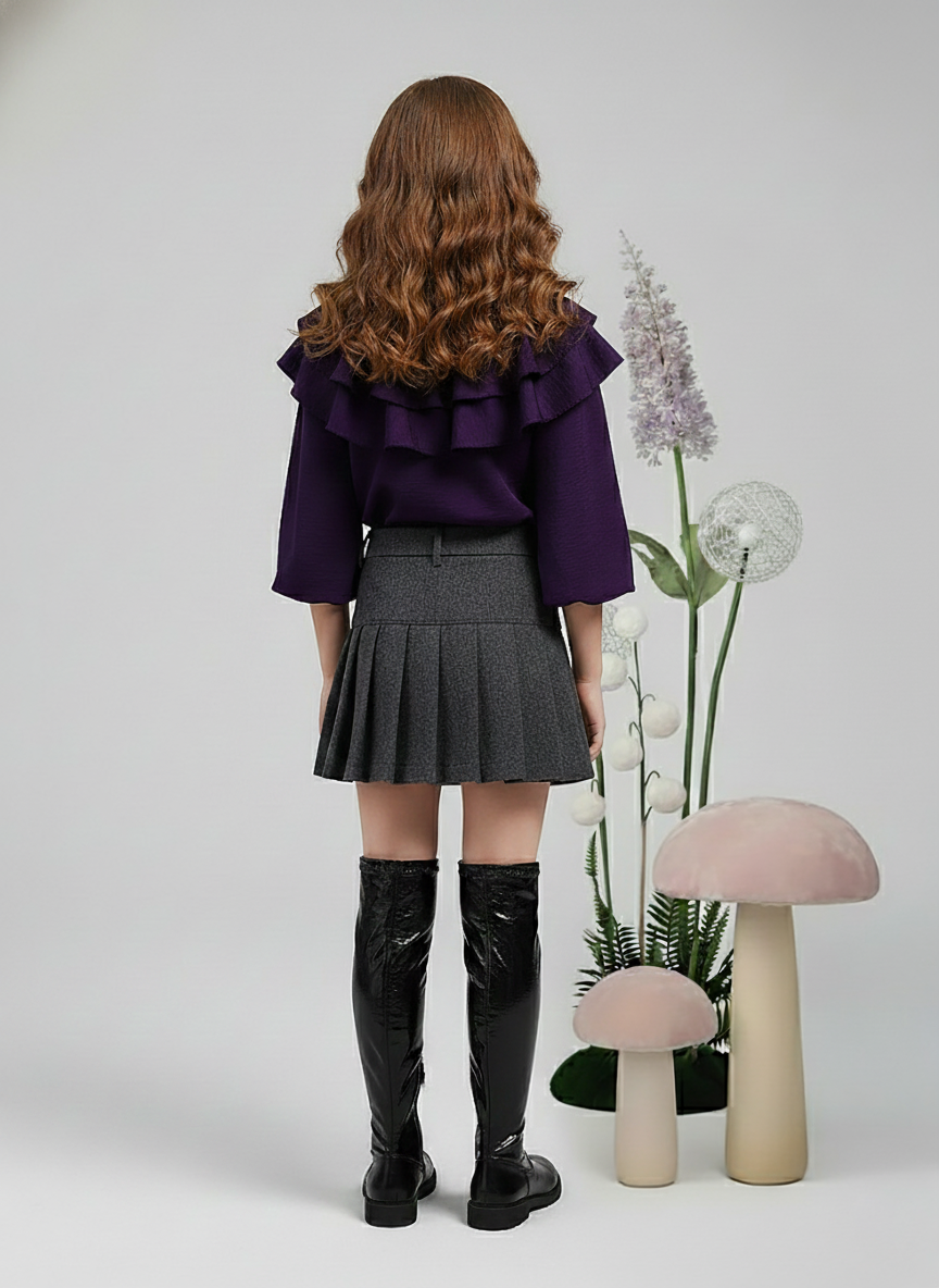 Girl's Purple Ruffle Collar Embroidered Floral Top