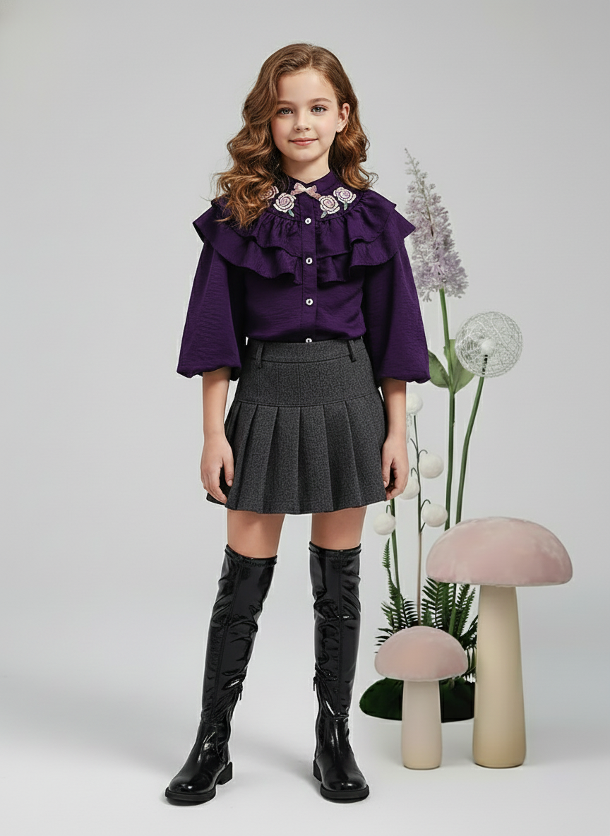 Girl's Purple Ruffle Collar Embroidered Floral Top