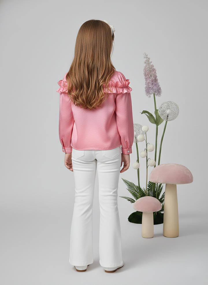 Girl's Pink Satin Long Sleeve Ruffle CollarTop