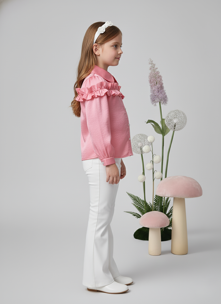 Girl's Pink Satin Long Sleeve Ruffle CollarTop