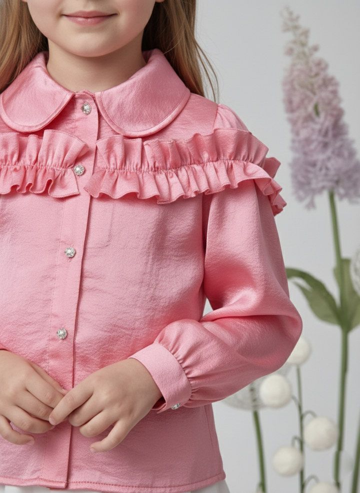 Girl's Pink Satin Long Sleeve Ruffle CollarTop