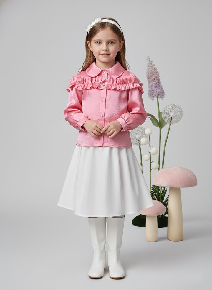 Girl's Pink Satin Long Sleeve Ruffle CollarTop