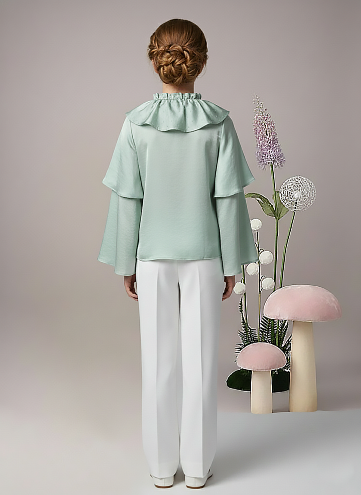 Girls Mint Green Pearl-Embellished Layer Sleeve Top