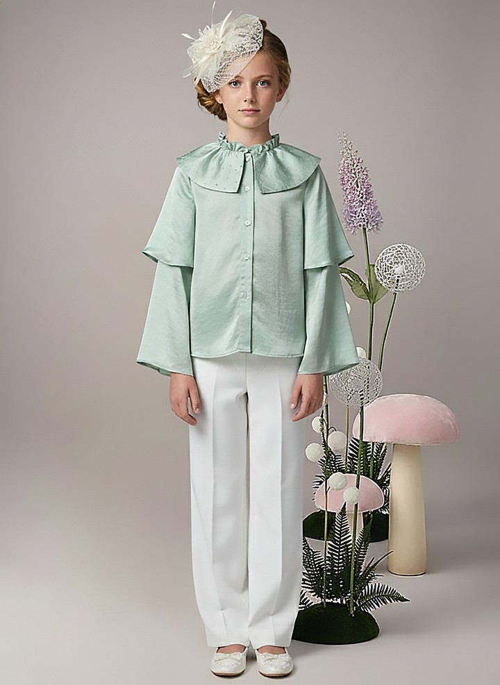 Girls Mint Green Pearl-Embellished Layer Sleeve Top