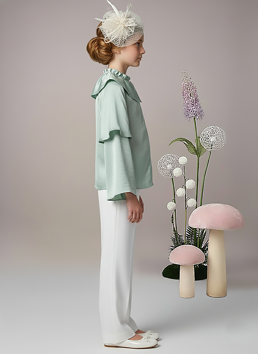 Girls Mint Green Pearl-Embellished Layer Sleeve Top