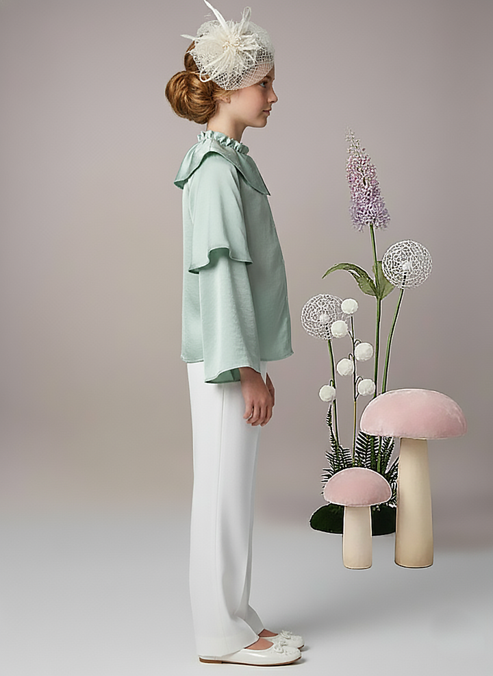 Girls Mint Green Pearl-Embellished Layer Sleeve Top