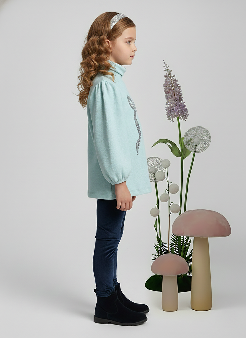 Girl's Light Blue Ribbed Puff Sleeve Sequin Bow Top