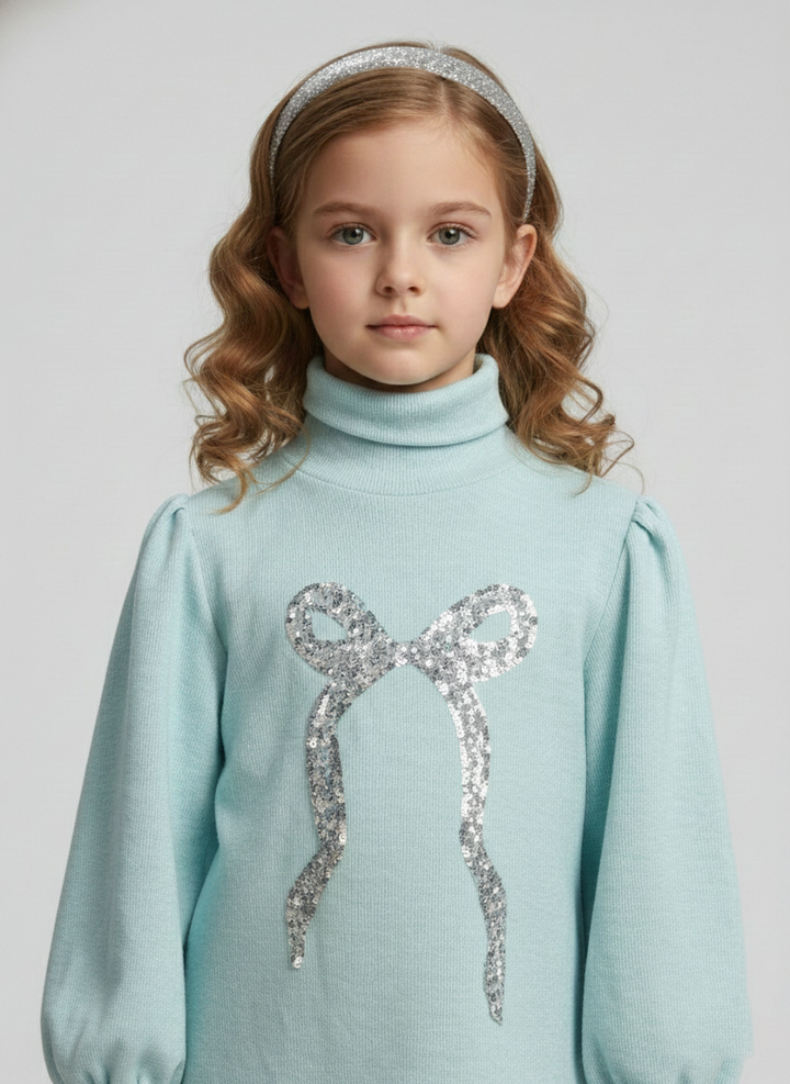 Girl's Light Blue Ribbed Puff Sleeve Sequin Bow Top