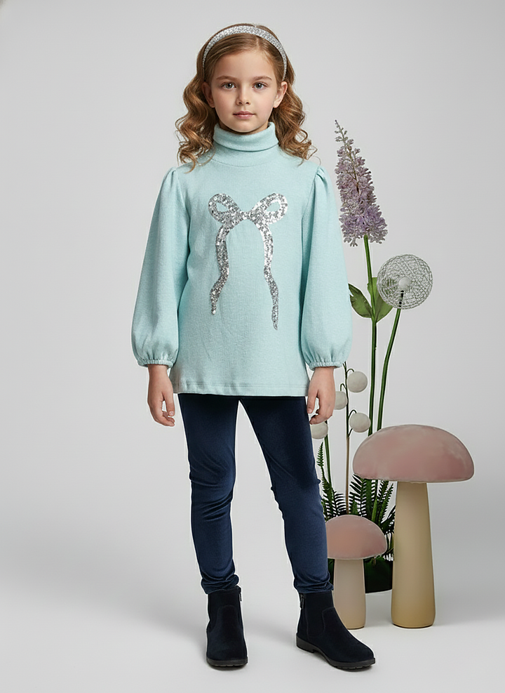 Girl's Light Blue Ribbed Puff Sleeve Sequin Bow Top