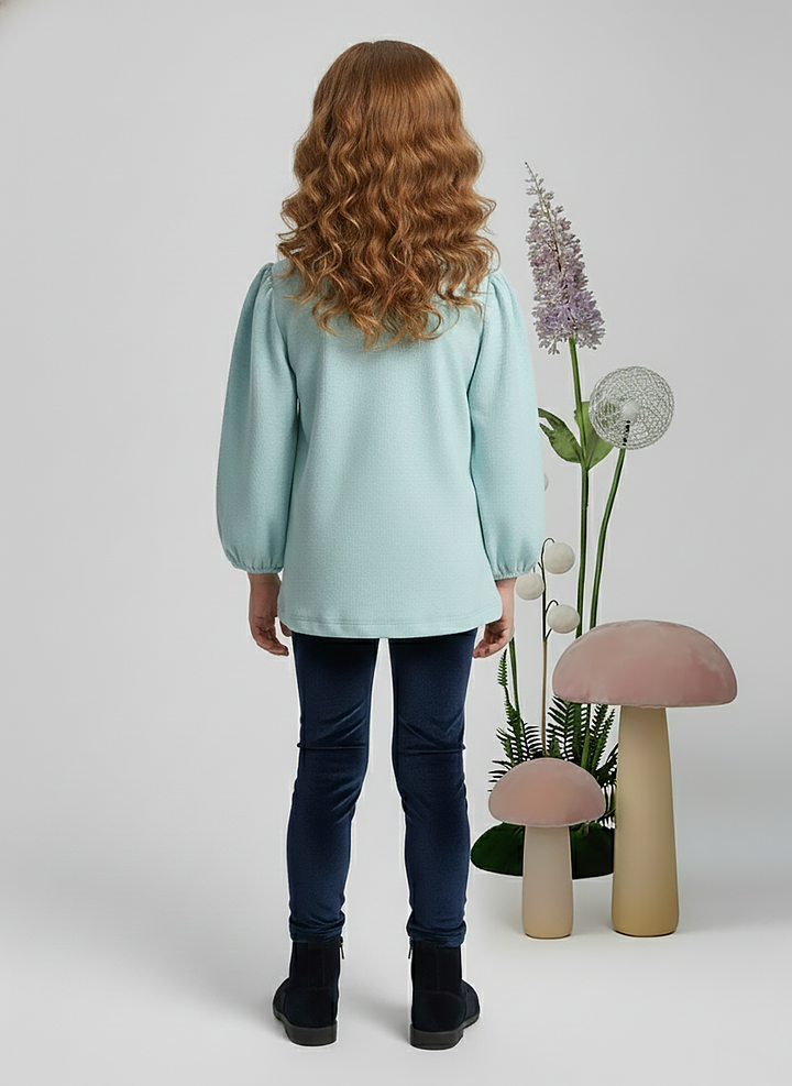 Girl's Light Blue Ribbed Puff Sleeve Sequin Bow Top