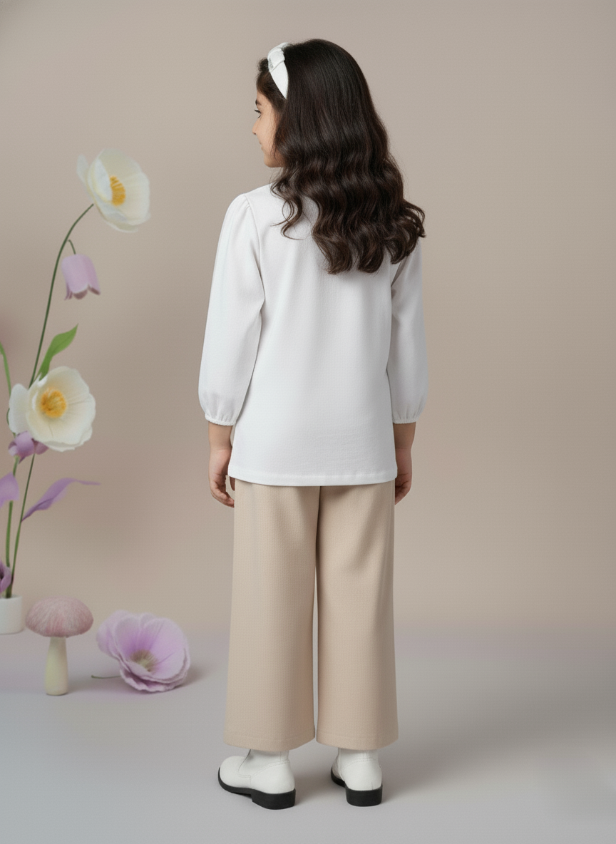 Girl's White Ribbed Puff Sleeve Sequin Bow Top