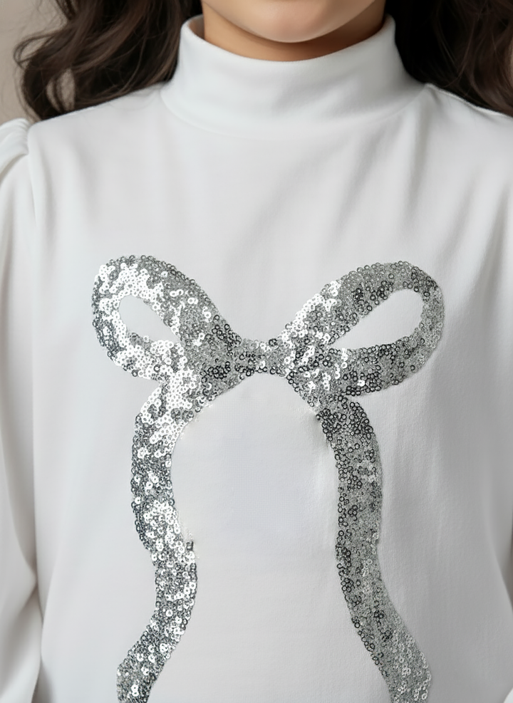 Girl's White Ribbed Puff Sleeve Sequin Bow Top