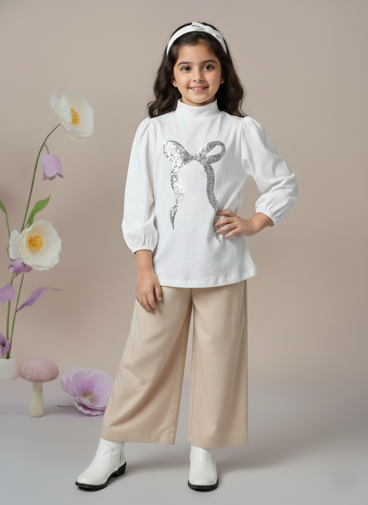 Girl's White Ribbed Puff Sleeve Sequin Bow Top
