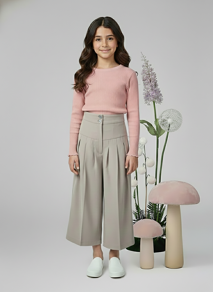 Girls Beige Solid Wide-Leg Pleated Culotte Pants