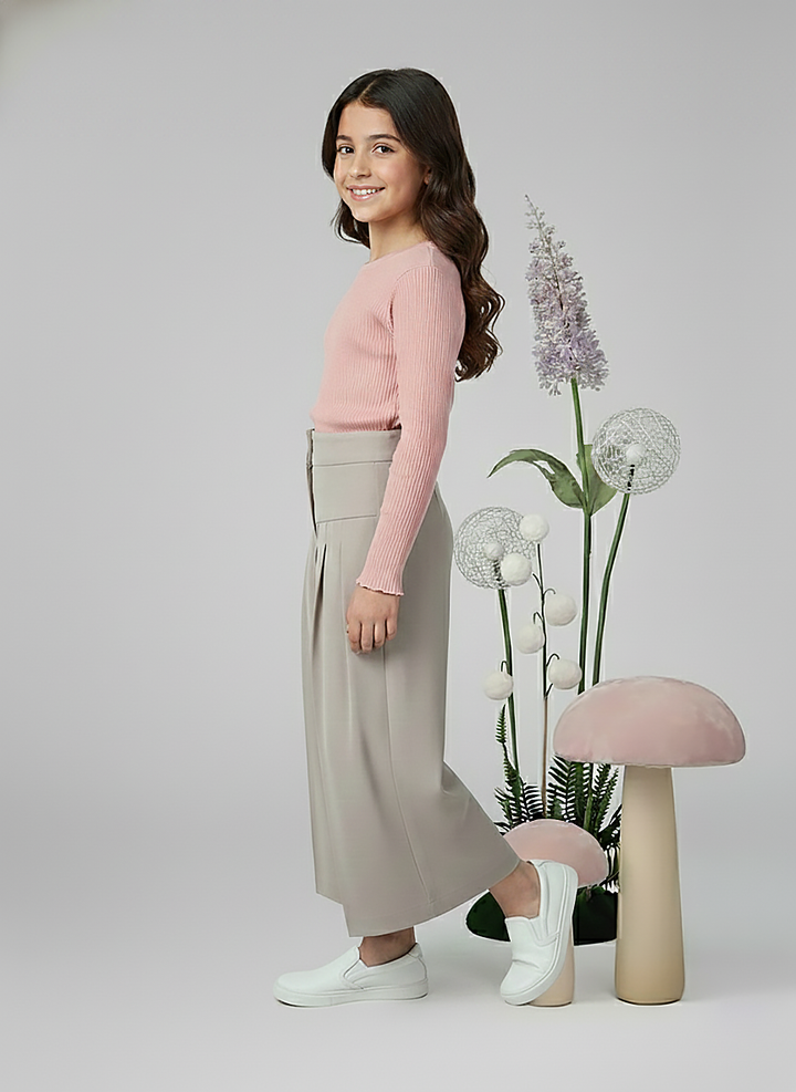 Girls Beige Solid Wide-Leg Pleated Culotte Pants