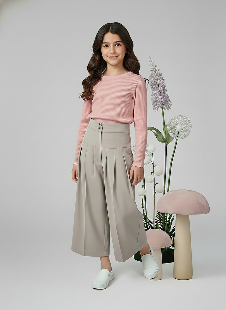 Girls Beige Solid Wide-Leg Pleated Culotte Pants