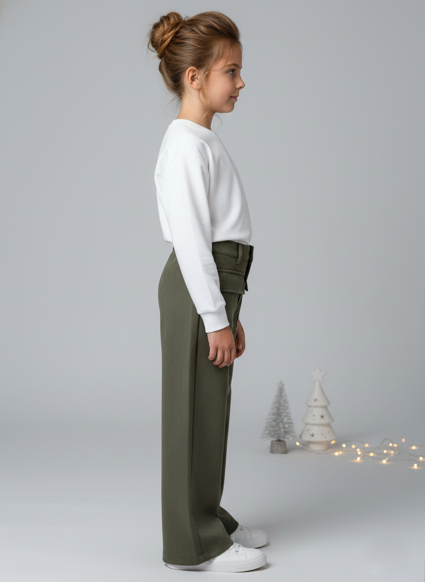 Girls Olive Suede Solid Wide-Leg Trousers