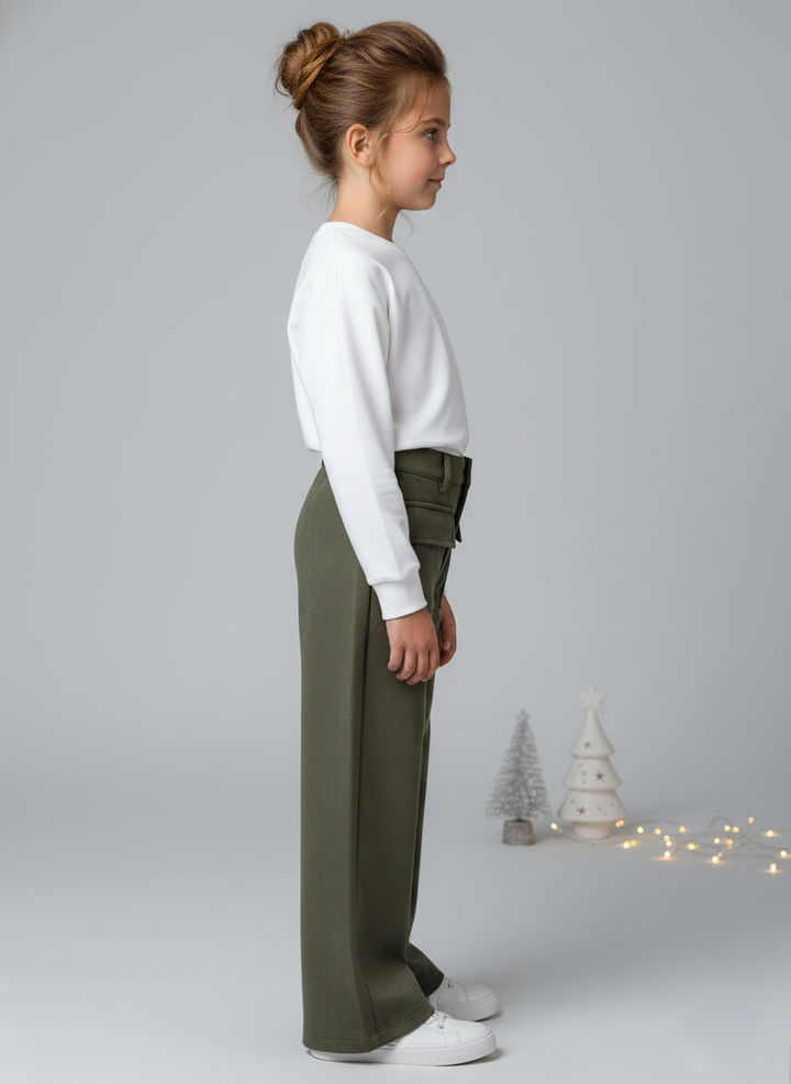 Girls Olive Suede Solid Wide-Leg Trousers