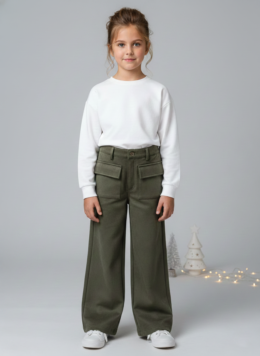 Girls Olive Suede Solid Wide-Leg Trousers