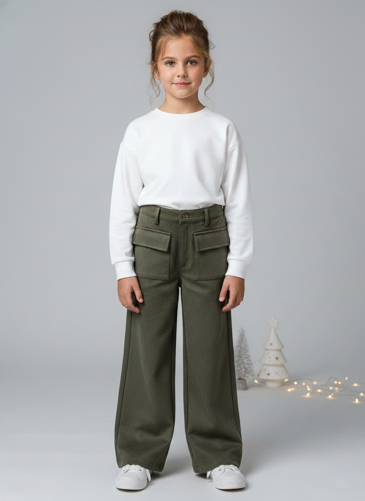 Girls Olive Suede Solid Wide-Leg Trousers