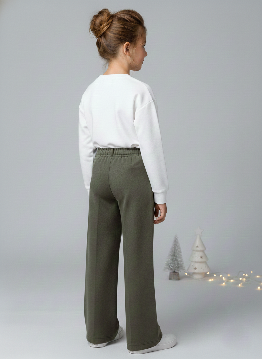 Girls Olive Suede Solid Wide-Leg Trousers