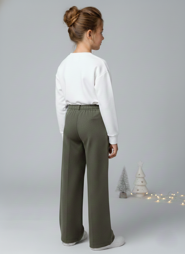 Girls Olive Suede Solid Wide-Leg Trousers