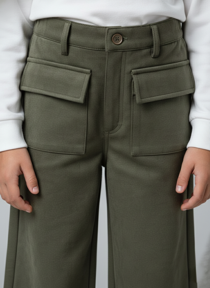 Girls Olive Suede Solid Wide-Leg Trousers